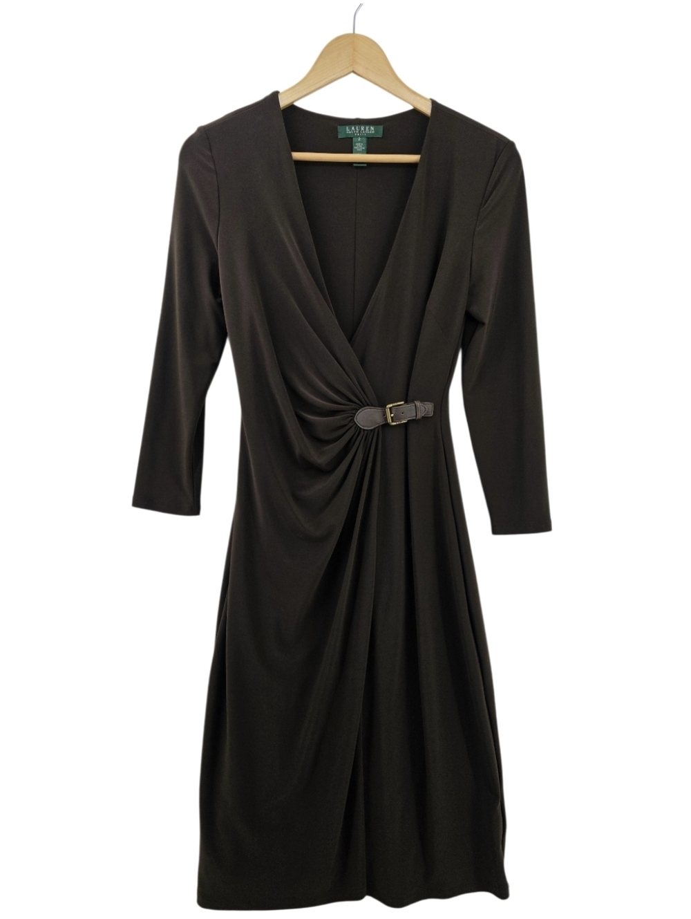 Lauren Ralph Lauren Dark Brown Jersey Wrap Midi Dress Size 2 With Leather Buckle